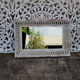 Mandala Hand Carved Solid Wood Wall Mirror White Wash 61.5x3.5x82Cm
